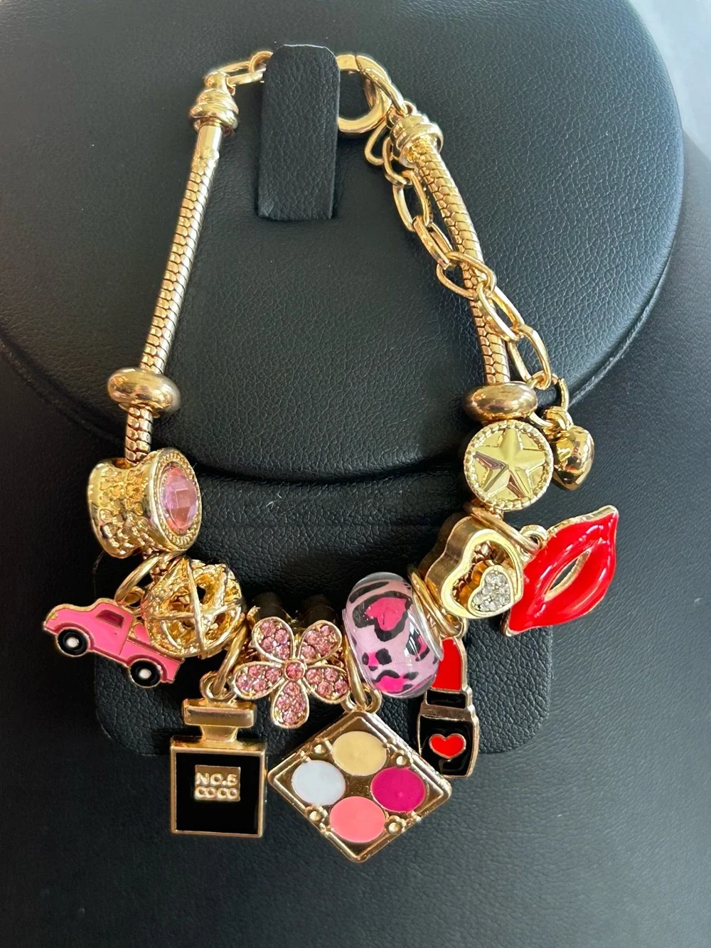 Brand New Gold Charm Bracelet with Pink and Red Enamel Makeup Charms